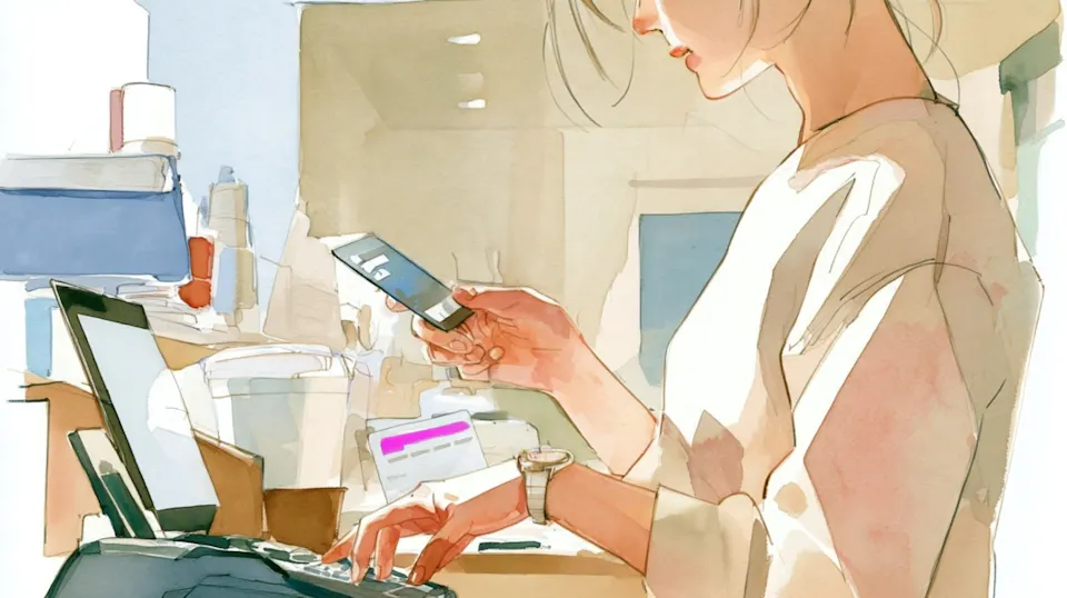 Illustration of a woman managing accounts with a laptop and phone