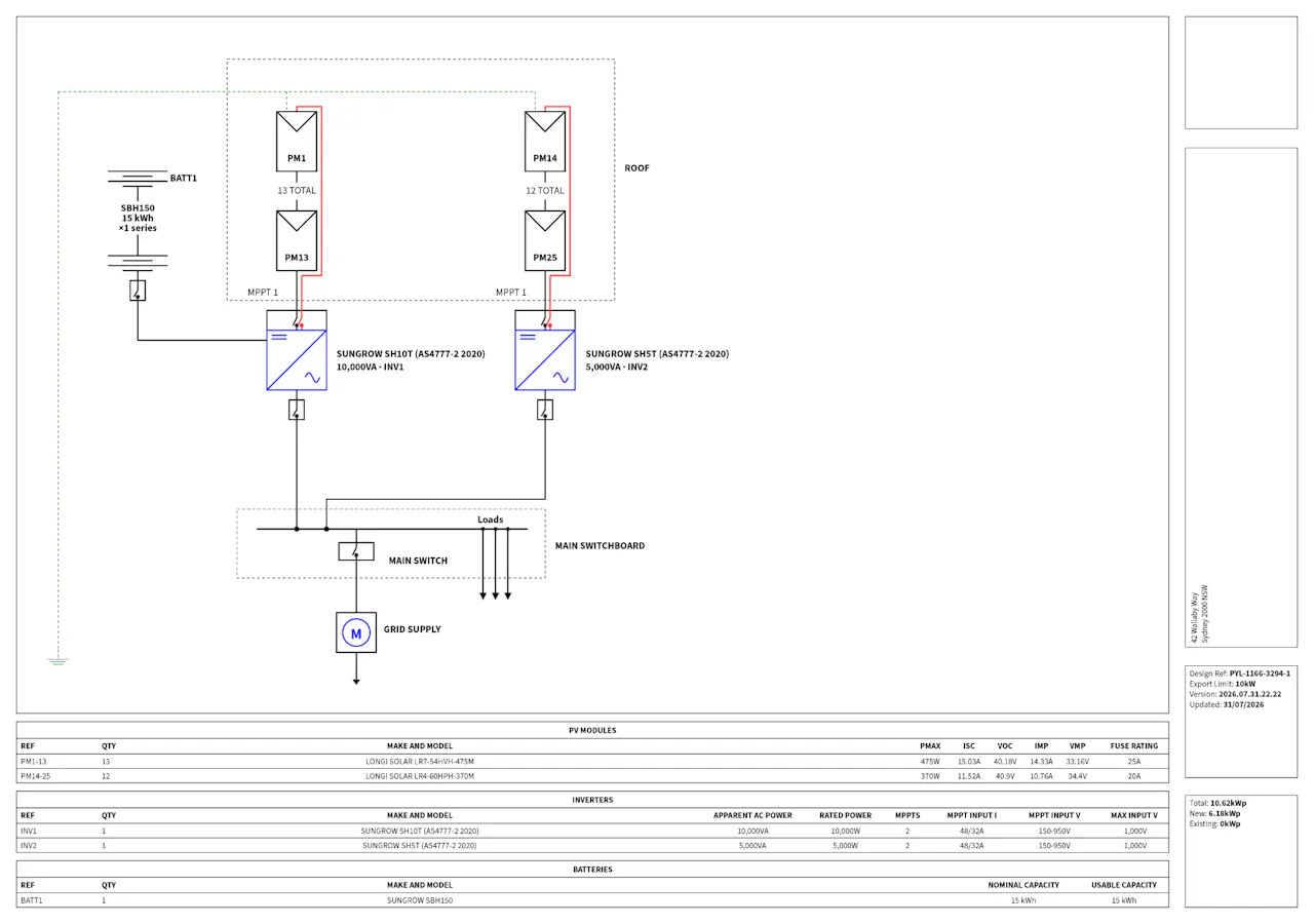 Single Line Diagram of a 10.62 kWp solar PV system with a 15 kWh Sungrow battery, hybrid inverter, isolators, main switchboard and grid connection